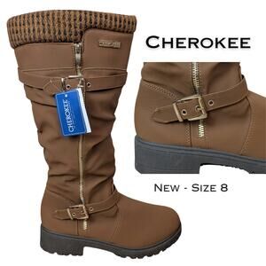 NEW Cherokee Womens Tall Boots 8 Brown Slouchy Knit Cuff Zip Buckle Lug Sole